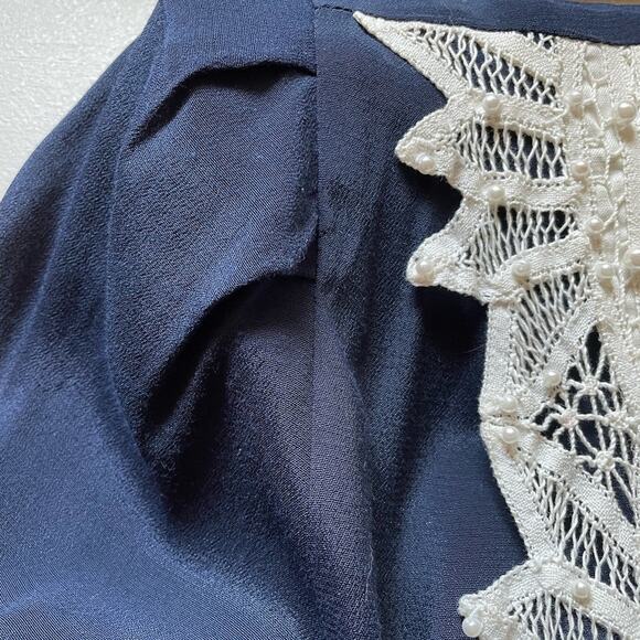 Karin Stevens Vintage Navy Long Sleeve Button Front w/ Lace n Pearl midi Dress 8 - Picture 9 of 11